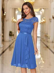 MIUSOL 上身蕾絲荷葉邊連衣裙 - 藍色 - 查看 7