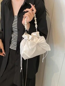Túi đeo chéo thời trang nữ mới 2024 có dây rút họa tiết tối màu nơ jacquard ngọc trai cầm tay lưới, thích hợp sử dụng hàng ngày, ngày lễ, trở lại trường, ngoài trời, học sinh trung học cơ sở, đi làm, đại học - trắng - Xem 2