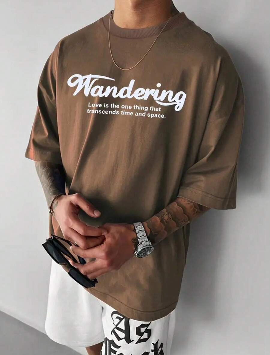 Wandering Oversized T-Shirt (FRONT) Men Women Cotton Shirt Reinforced Stitching Unisex StreetWear - 鏽棕色 - 查看 1