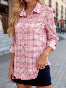 Women's Checkered Ruched Cuff Single-Breasted Casual Commuter Blouse, Autumn - Pink - View 2