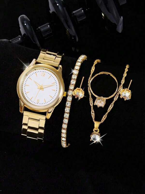 1قطعة ساعة كاجوال بعقارب بقرص دائري وسوار من سبيكة زنك ذهبية, و5قطع مجموعة مجوهرات مزخرفة بالراين كهدية لأيام العودة إلى المدرسة