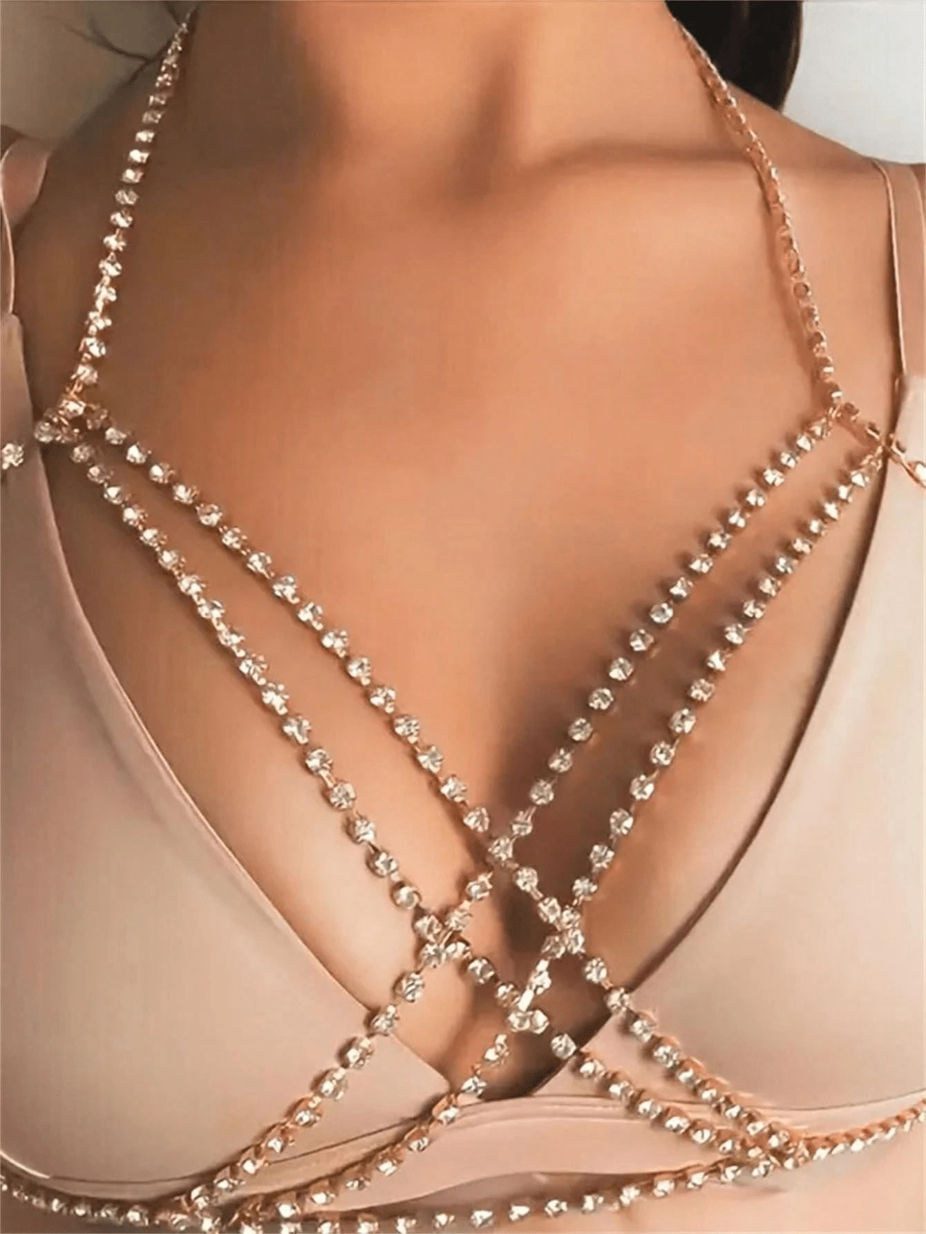 Women's Classic Bra Chain, Rhinestone Encrusted Body Jewelry, Sexy Party Accessory - Gold - View 1