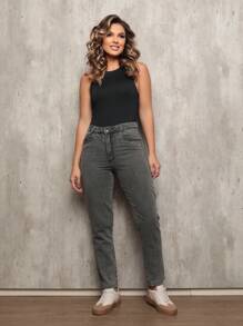 Calça Shein Jeans Mom Feminina Marmorizada Tecido Grosso Avenue Premium - Cinza - Visão 5