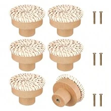 12个波西米亚风格藤编旋钮，木质把手，手工编织圆形拉手，适用于梳妆台抽屉、橱柜、衣柜 - 咖啡棕 - 查看 14