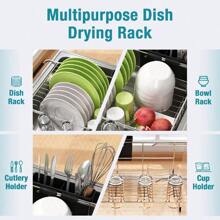 Dish Drying Rack In Sink - Expandable Stainless Steel Dish Drainers For Kitchen Counter, Dish Dryer Rack For Inside Sink, Over The Sink Dish Racks With Utensil Holder, Sink Colander, Silver