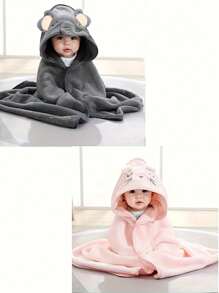 2pcs Baby Bath Towel Set, Unisex Animal Face Hooded Baby Cape, Soft Coral Fleece Cartoon Bathing Accessory For Infants, All Seasons Usage