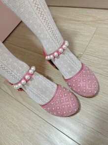 1pair Girls Fashion Elegant Bowknot Pearl Rhinestone Design Princess High Heel Dress Shoes, Pink Color, Breathable Anti-Slip, Suitable For Spring Summer Autumn Wedding Party Stage