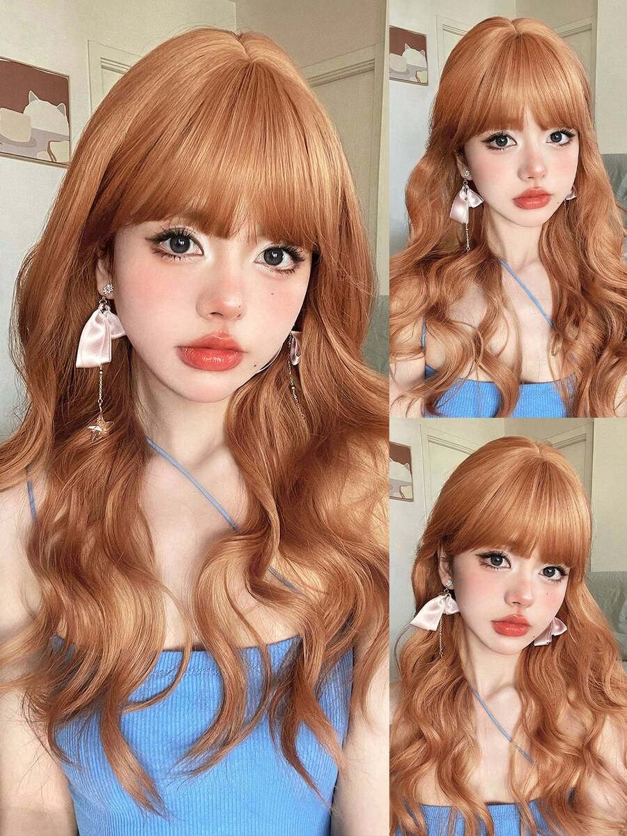 alicegarden Peruka syntetyczna, odporna na ciepło, długa, kręcona, falowana, 1 sztuka, w kolorze brudnej pomarańczy, 24 cale długości, wykonana z włókna, odpowiednia do codziennego użytku, naturalna i realistyczna sztuczna ozdoba do włosów. (Bez akcesoriów)