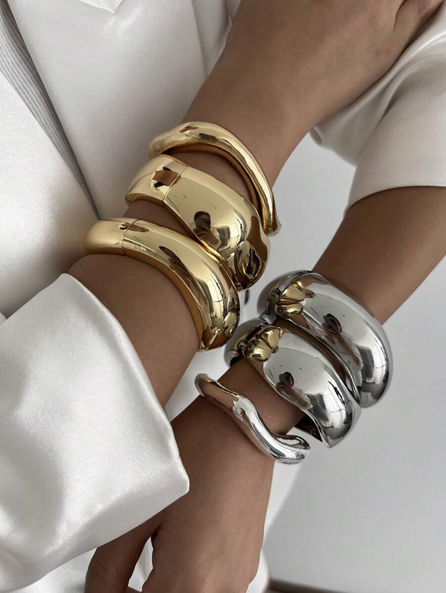 1pc Exaggerated Fashionable Asymmetrical Metal Cuff Bracelet, Vintage Minimalist Geometric Round Big Coiled Spring Open Bangle Bracelet, Women Daily Decoration, Festival & Birthday Gift, Party Jewelry, Casual Travel Charm Jewelry Gift