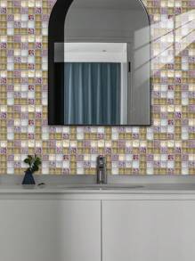 10 件几何格子花卉图案印花 PVC 仿瓷砖家居装饰墙贴，DIY 即撕即贴壁纸，适用于厨房、浴室、客厅、卧室墙壁装饰