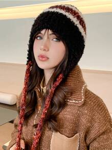 1 件女士保暖羊毛捕手帽，厚护耳帽，带编织绒球，适合秋冬季户外使用