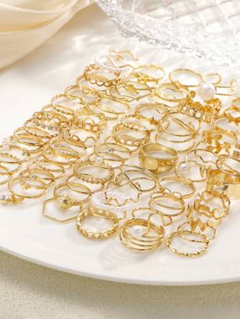 73/66/47pcs Fashionable Minimalist Vintage Elegant Design Loving, Butterfly, Faux Pearl, Rhinestone, Geometric Wave, Infinity, Star, Circle Multilayer Metal Rings Set, Party, Holiday, Gift, Daily Wear