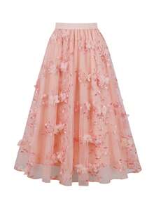Women's Elegant Embroidered Mesh A-Line Skirt, Summer - Pink - View 3
