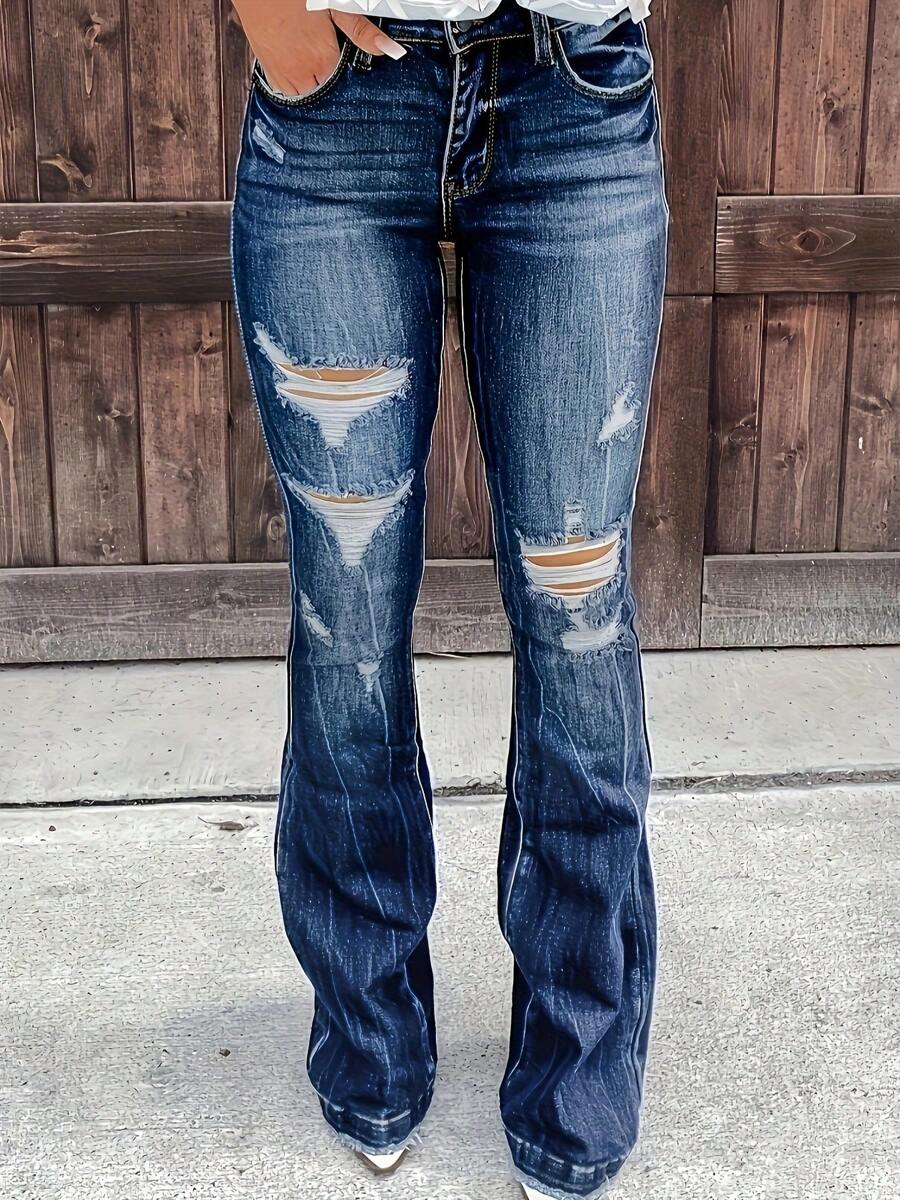 Blue Multifunctional Perforated Flared Jeans For Women, With Frayed Edges And Hem, Straight Hips, Slim Fit Women's Jeans And Clothing - 深色水洗藍 - 查看 1