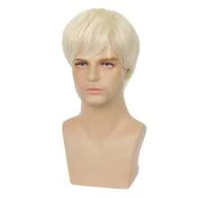 Pelucas rubias cortas para hombres, cabello sintético recto con capas para Halloween, disfraz - Dorado - Ver 3