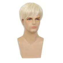 Pelucas rubias cortas para hombres, cabello sintético recto con capas para Halloween, disfraz - Dorado - Ver 5