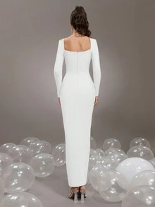 New Rhinestone Decor Tight Long Bandage Dress, Women's Formal Wedding Party Evening Gown Wedding Guest Dress - White - View 7