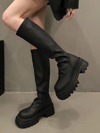 Black Thigh High Boots, Chunky Platform Over-The-Knee Tall Boots, Fashion Riding Boots For Fall/Winter, Party