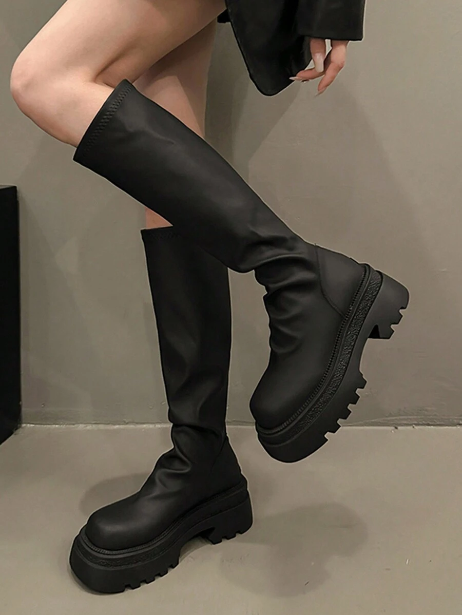 Black Thigh High Boots, Chunky Platform Over-The-Knee Tall Boots, Fashion Riding Boots For Fall/Winter, Party - Black - View 1