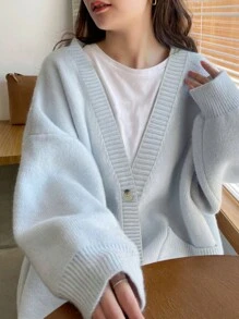 Cárdigan minimalista casual de unicolor para mujer, top de manga larga - Celeste - Ver 3
