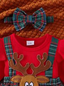 1pc Baby Girl Cute Long Sleeve Bodysuit With Frill Hem, Autumn/Winter, For Christmas - Red - View 3