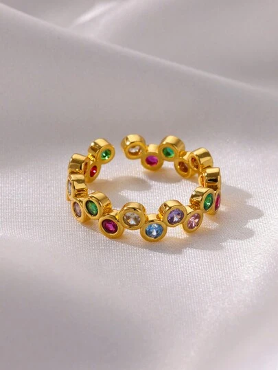 1PC Round Rainbow Zirconia Rings For Women Stainless Steel Open Gold Color Evil Eye Ring 2024 Fashion Bling Couple Waterproof Aesthetic Jewelry Gift