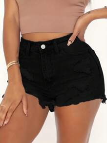 Women's High Waisted Corrugated Denim Shorts With Worn-Out Hem Buttons And Fly Button Design, Fashionable And Casual Summer Denim Shorts, Fashionable Women's Lightweight And Breathable Denim Shorts, Suitable For Daily Wear - 黑色 - 查看 4