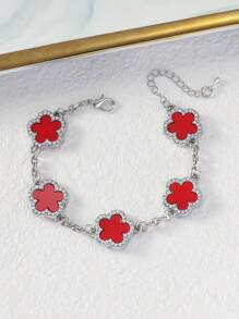 1 件优雅合金单面 5 瓣水钻镶嵌手链适合女性日常佩戴 - 五葉草手鍊 - 查看 6