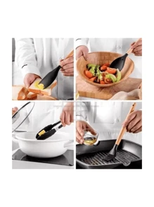 Kitchen Set Kit With 12 Silicone Pieces, Utensils And Cup Holder For Kitchen With Wooden Handle - Black - View 4