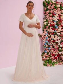 V-Neck Mesh Splicing Solid Color Maternity Dress, Elegant, For Party - Apricot - View 5