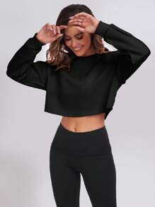 Felpa casual corta da donna per workout, con maniche lunghe, collo tondo, modello pullover, crop top con vestibilità oversize, in tessuto di pile sottile e morbido, adatta per autunno/inverno