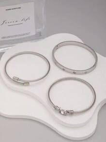 3pcs Luxury Stainless Steel & Cubic Zirconia Bracelet Set, Daily Wear For Women