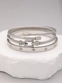 3pcs Luxury Stainless Steel & Cubic Zirconia Bracelet Set, Daily Wear For Women