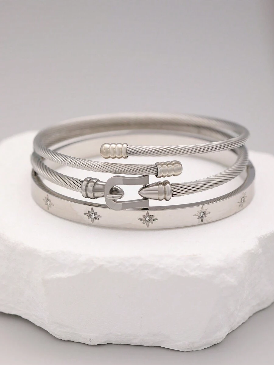 3pcs Luxury Stainless Steel & Cubic Zirconia Bracelet Set, Daily Wear For Women