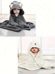 2pcs Baby Bath Towel Set, Unisex Animal Face Hooded Baby Cape, Soft Coral Fleece Cartoon Bathing Accessory For Infants, All Seasons Usage