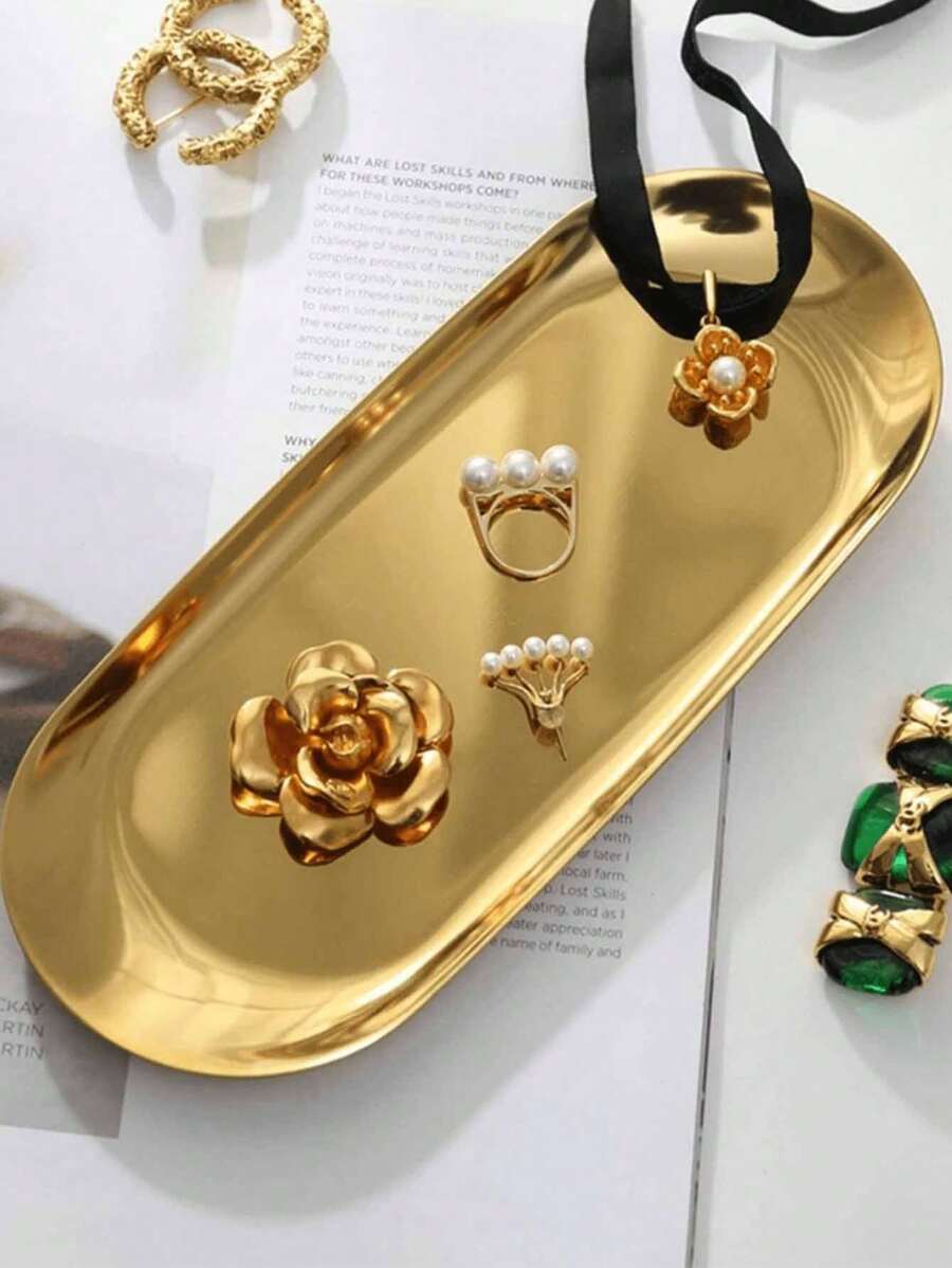 1PC Gold/Silver S/M/L Scandinavian Style Stainless Steel Oval Tray, Decorative Tray, Jewelry Tray/Dresser Tray, Countertop Storage Tray, Aromatherapy Tray, Stainless Steel Tray For Jewelry And Small Items, Suitable For Necklaces, Earrings, Bracelets, Rings, Multiple Scenario Use