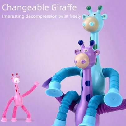 Un conjunto de 4 juguetes creativos para aliviar el estrés: Tubo telescópico de jirafa/Rompecabezas de robot/Taza de succión con tubo telescópico con dibujos animados, adecuado para todo tipo de fiestas o Navidad (algunos colores y patrones son aleatorios).