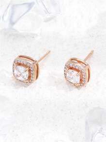 方晶鋯石裝飾耳釘 - 銀色 - 查看 5