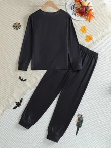 2pcs/Set Young Boys Casual Skull Print Long Sleeve Top And Pants Set, Family Matching Pajamas For Halloween