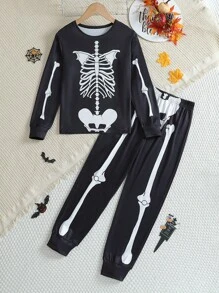2pcs/Set Young Boys Casual Skull Print Long Sleeve Top And Pants Set, Family Matching Pajamas For Halloween