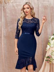 MIUSOL 优雅花卉蕾丝圆领荷叶边美人鱼下摆鸡尾酒会紧身连衣裙，半正式连衣裙，适合生日、婚礼嘉宾、毕业典礼、晚宴、返校节 - 藏蓝色 - 查看 4