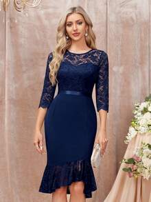 MIUSOL 优雅花卉蕾丝圆领荷叶边美人鱼下摆鸡尾酒会紧身连衣裙，半正式连衣裙，适合生日、婚礼嘉宾、毕业典礼、晚宴、返校节 - 藏蓝色 - 查看 1
