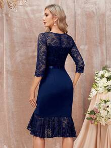 MIUSOL 优雅花卉蕾丝圆领荷叶边美人鱼下摆鸡尾酒会紧身连衣裙，半正式连衣裙，适合生日、婚礼嘉宾、毕业典礼、晚宴、返校节 - 藏蓝色 - 查看 2