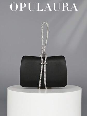 OpulAura 奢华缎面盒装晚宴手拿包，水钻链条装饰，正式派对包，适合正式活动、派对、婚礼、生日礼物、新娘手拿包（黑色）