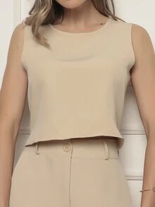 Women's Tailored Set Cropped Top And Pantakour Pants Belt Loop Side Pockets Elegant Immediate Shipping Comfortable - 淺米色 - 查看 3