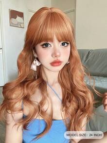 alicegarden Peruka syntetyczna, odporna na ciepło, długa, kręcona, falowana, 1 sztuka, w kolorze brudnej pomarańczy, 24 cale długości, wykonana z włókna, odpowiednia do codziennego użytku, naturalna i realistyczna sztuczna ozdoba do włosów. (Bez akcesoriów)