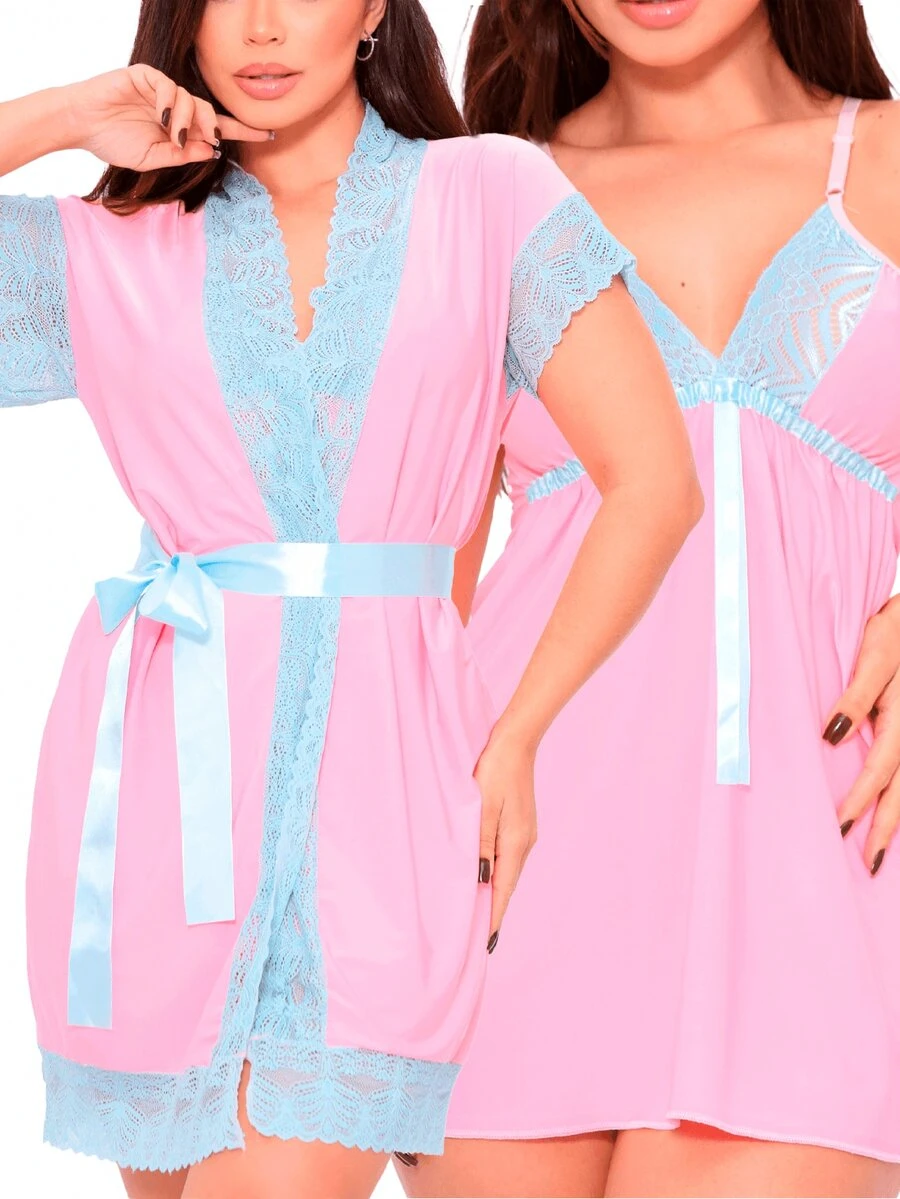 Kit With Nightgown And Robe In Cold Knit | Comfort And Lightness | Soft And Fresh Fabric | Ideal For Quiet Nights - Màu Hồng baby - Xem 1