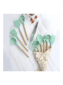Kitchen Set Kit With 12 Silicone Pieces, Utensils And Cup Holder For Kitchen With Wooden Handle - Green - View 2