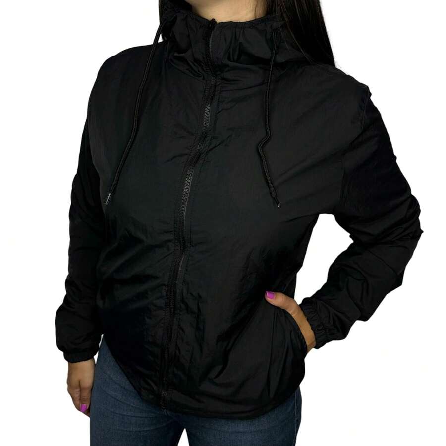 Women's Plain Waterproof Windbreaker Jacket 100% Lined With Hood Without Elastic Waist - 黑色 - 查看 1