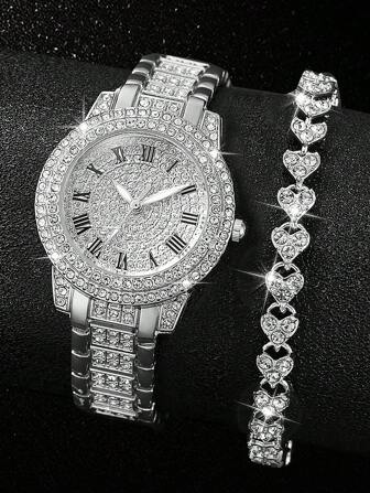 Women's Steel Strap Fashionable & Minimalist Roman Scale & Rhinestone Decor Quartz Wrist Watch And Heart-Shaped Fully Jewelled Bracelet Set (2pcs/Set) Holiday As A Gift For Students Returning To School Valentines